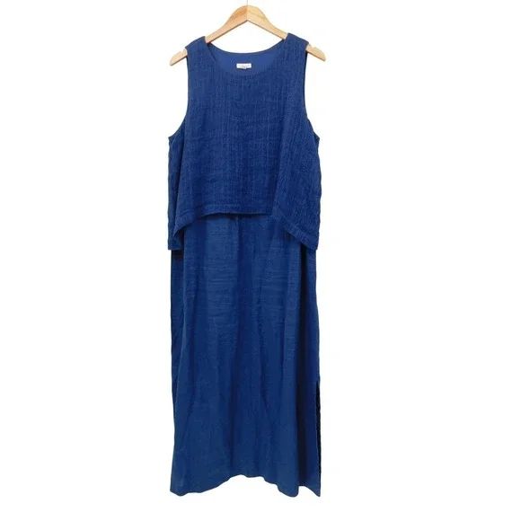Pure Jill J Jill Blue Linen Layered Maxi Dress Womens Large Sleeveless Lagenlook - Picture 1 of 5